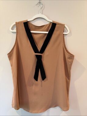 Sleeveless Tan Tank Top with Black Tie Accent